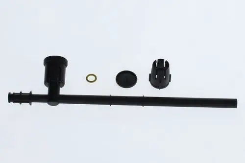 BOSCH Gasrohr, bestehend aus einem Rohr, einer Halterung, einem O-Ring und einem Deckel. Alle Teile sind in schwarzer Farbe und scheinen für eine Gasleitung konzipiert zu sein.